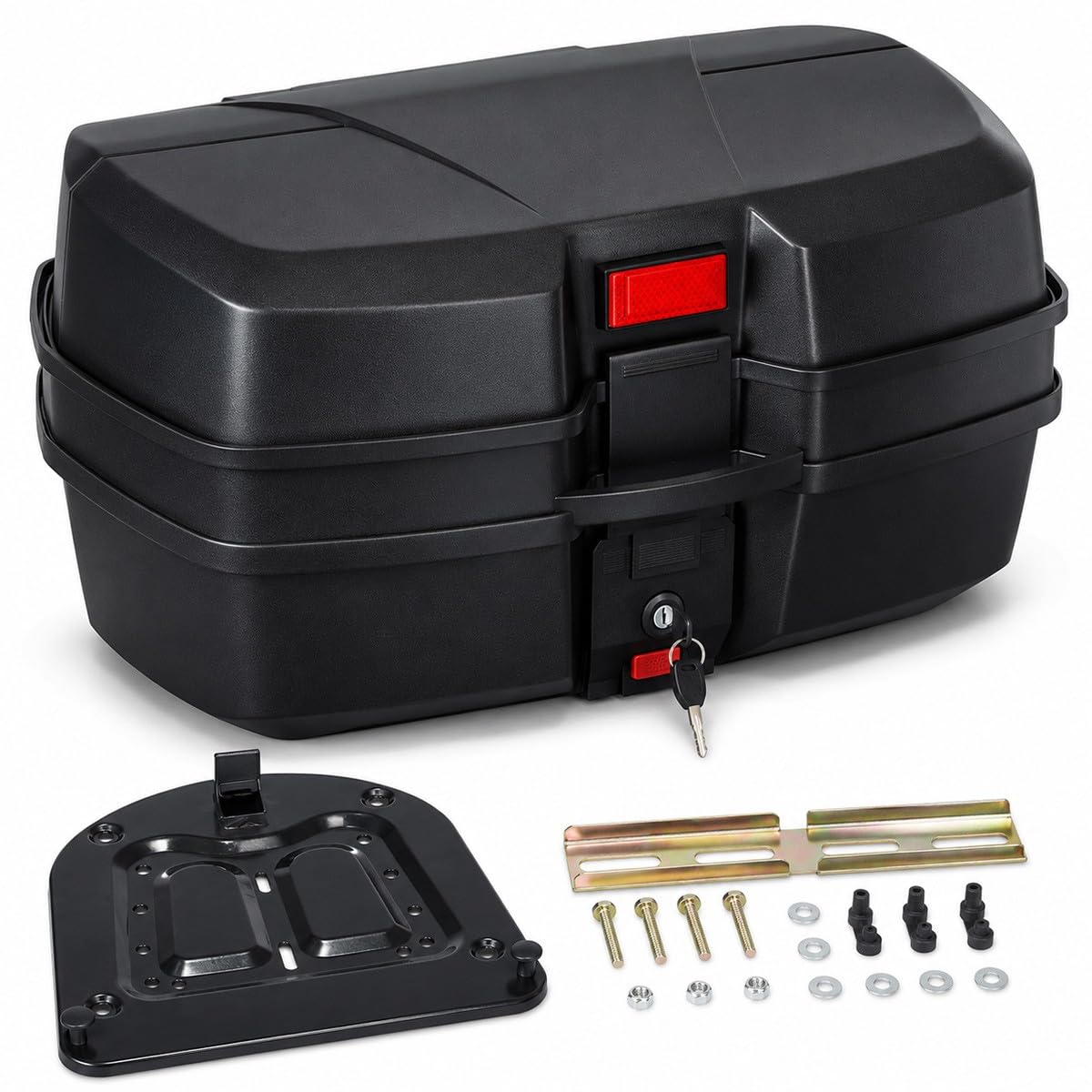 Baannaww Motorcycle Rear Box 45L Top Case 56.5x41.5x31cm, Large Motorcycle Tail Box With Mounting Plate, Fixing Kit, Rear Reflector, Lock And Storage Space For Helmet And Riding Accessories