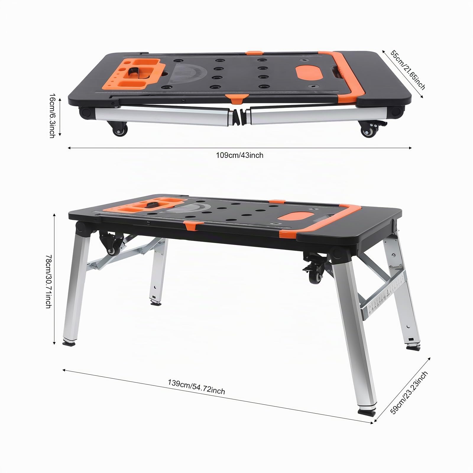 Banco de trabajo plegable universal 7 en 1, mesa de trabajo con ruedas, carretilla de mano, caballete, patas ajustables, 1140 x 590 mm