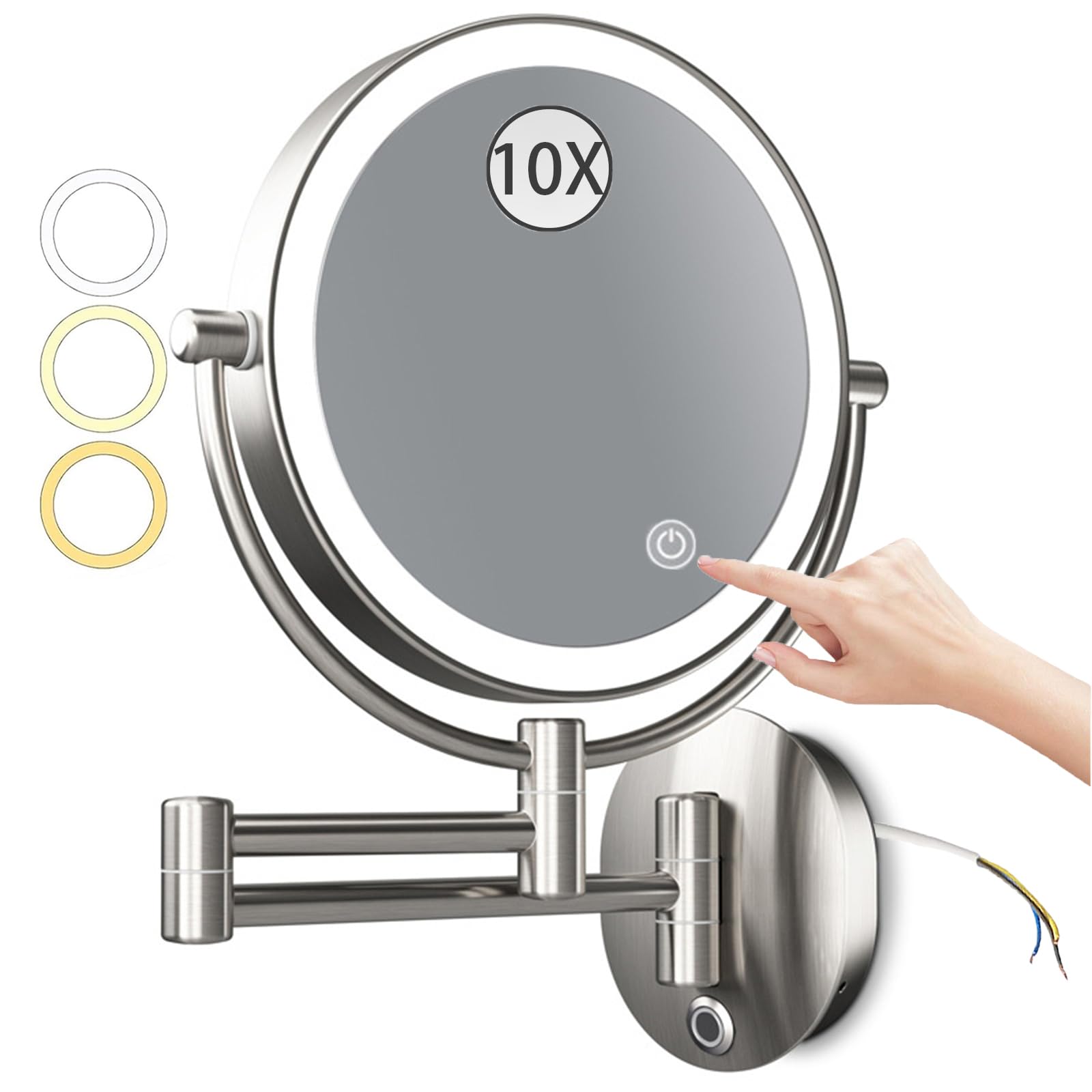 SXFSDOU 8" Wall Mounted Lighted Makeup Mirror, Touch Dimmable 3 Color LED Double Sided 1X/10X Magnifying Extendable 360° Swivel Bathroom Vanity Mirror,Nickel,Hardwired