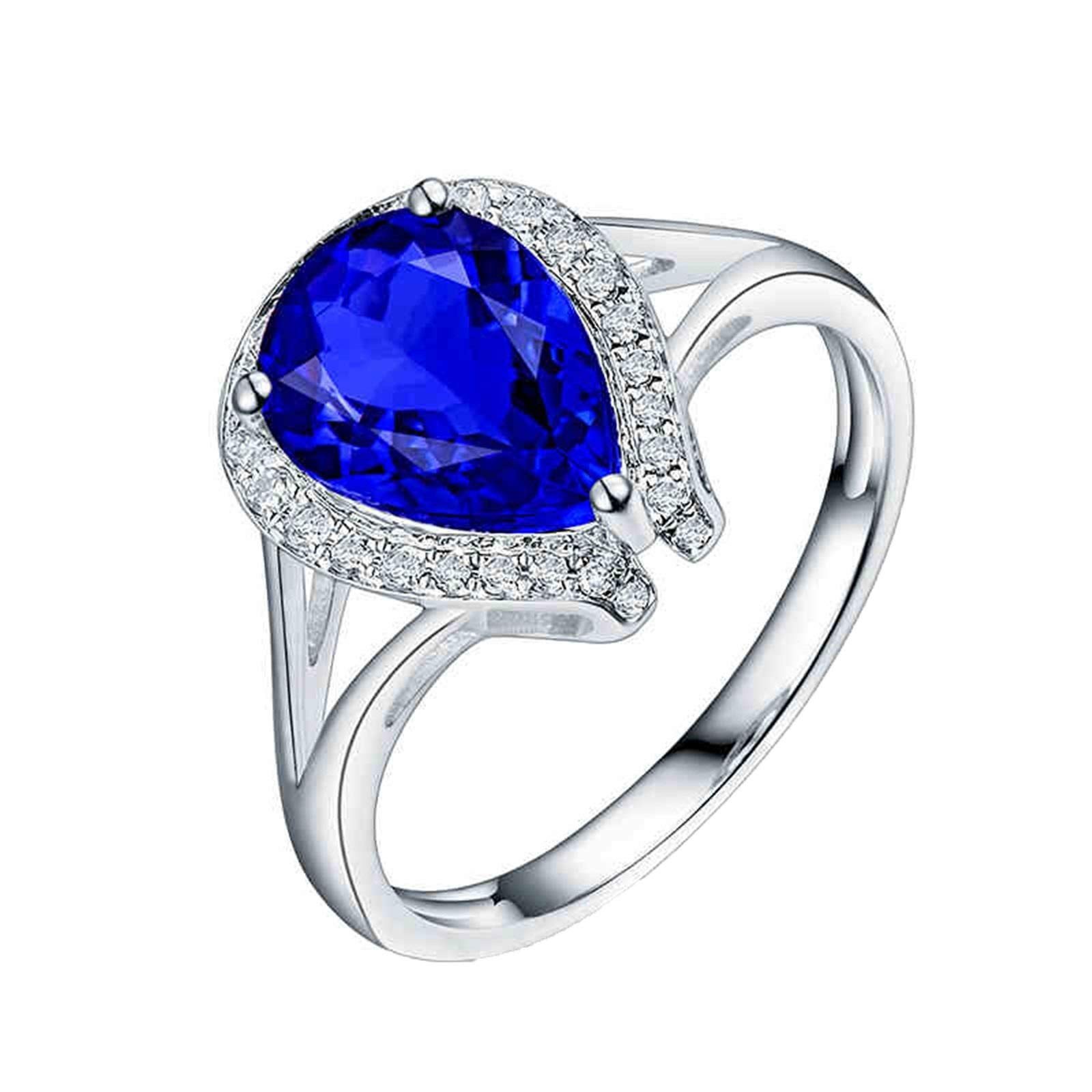 Epinki 18K White Gold Marquise Blue 1.89CT Tanzanite with 0.15CT Diamond Teardrop Ring for Women