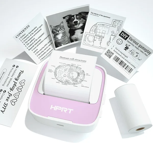 HPRT Mini Printer Sticker Maker with 1 Rolls Paper, Bluetooth Portable Thermal Printer, Study Printer for Pictures, Study Notes, Kid's DIY Creation, Memo, List,Compatible with Phone, Pink Wh