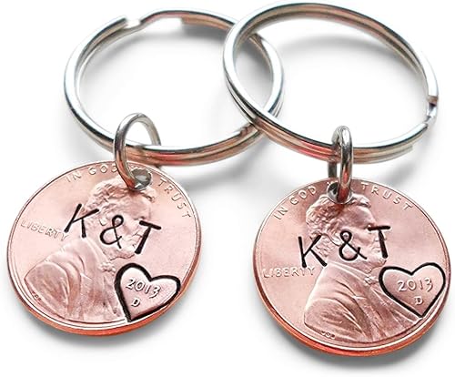 Custom Hand Stamped 2 Personalized Penny Keychains, Anniversary Gift, Husband Wife Key Chain, Boyfriend Girlfriend Gift, Customized Couples Keychains