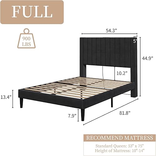 Miniatura 9 de Base de cama tamaño Queen con cabecera tapizada de terciopelo con estación de carga, soporte de listones de madera, base de colchón, somier
