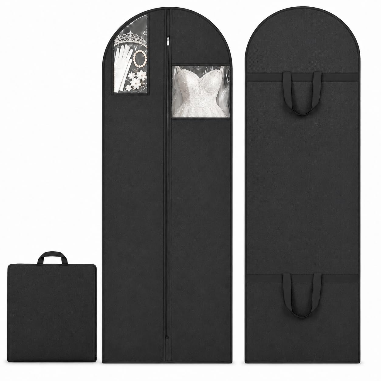 Sytinnice 2Pcs Long Dress Garment Bags, 60×180cm Folding Full Length Garment Cover Bag with Zipper, Pocket & Handle, Breathable Clothes Covers for Gowns Dresses Travel & Storage(Black)