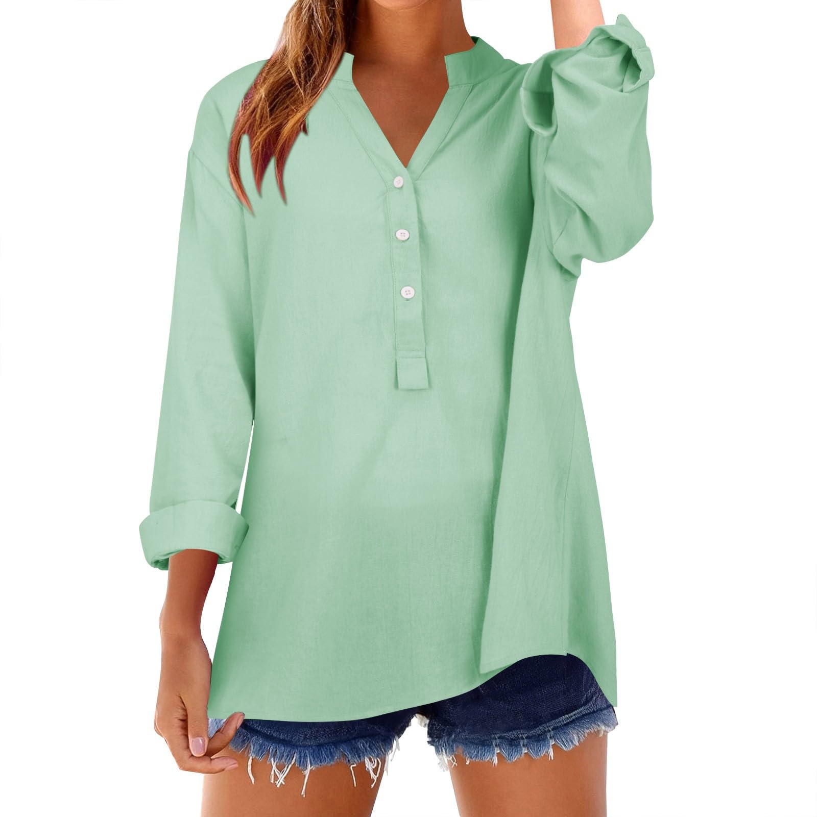 Linen Shirts for Women UK 2025 Summer Short Sleeve Tshirt Fashion Button Down V Neck Blouse Tees Solid Cotton Linen Loose Fit Tops Vacation Lightweight Comfy Clothes Mint Green, 5XL