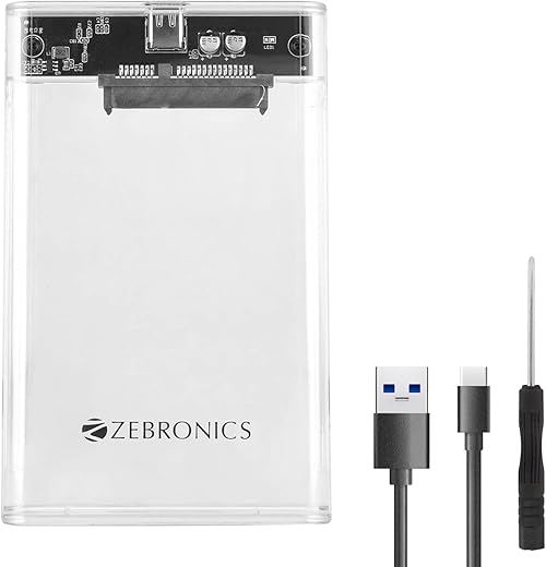 ZEBRONICS CSH01 2.5 SATA SSD Enclosure with Transparent case, Type C 3.1, Upto 5 gbps* and Upto 6TB Max Storage Capacity.