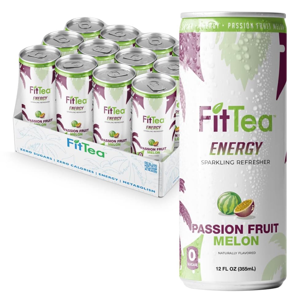 FitTea Healthy Energy Drink 12 Fl Oz - Passionfruit Melon Sparkling Refresher (12 Pack) Natural Green Tea Energy Drinks Sugar Free