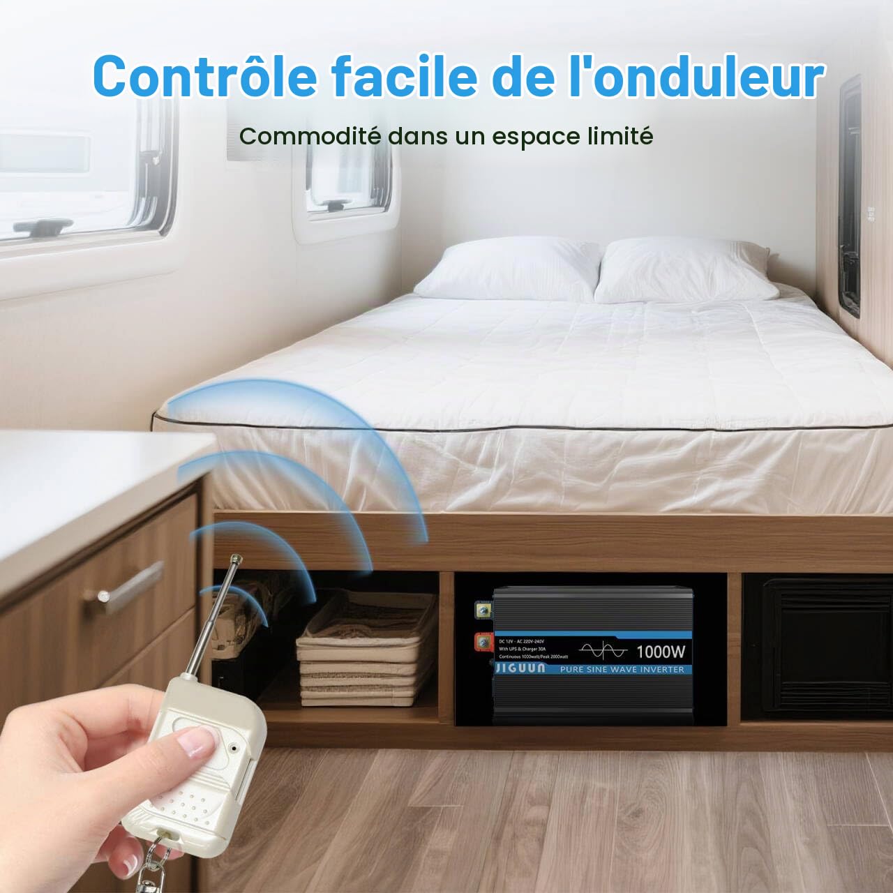 JIGUUN 1000W Convertisseur 12V 220V Pur Sinus avec Chargeur 30A et Fonction priorité Secteur et ASI，2 Prises EU，Commande sans Fil et Affichage LCD Puissance de crête 2000W (1000W12V)