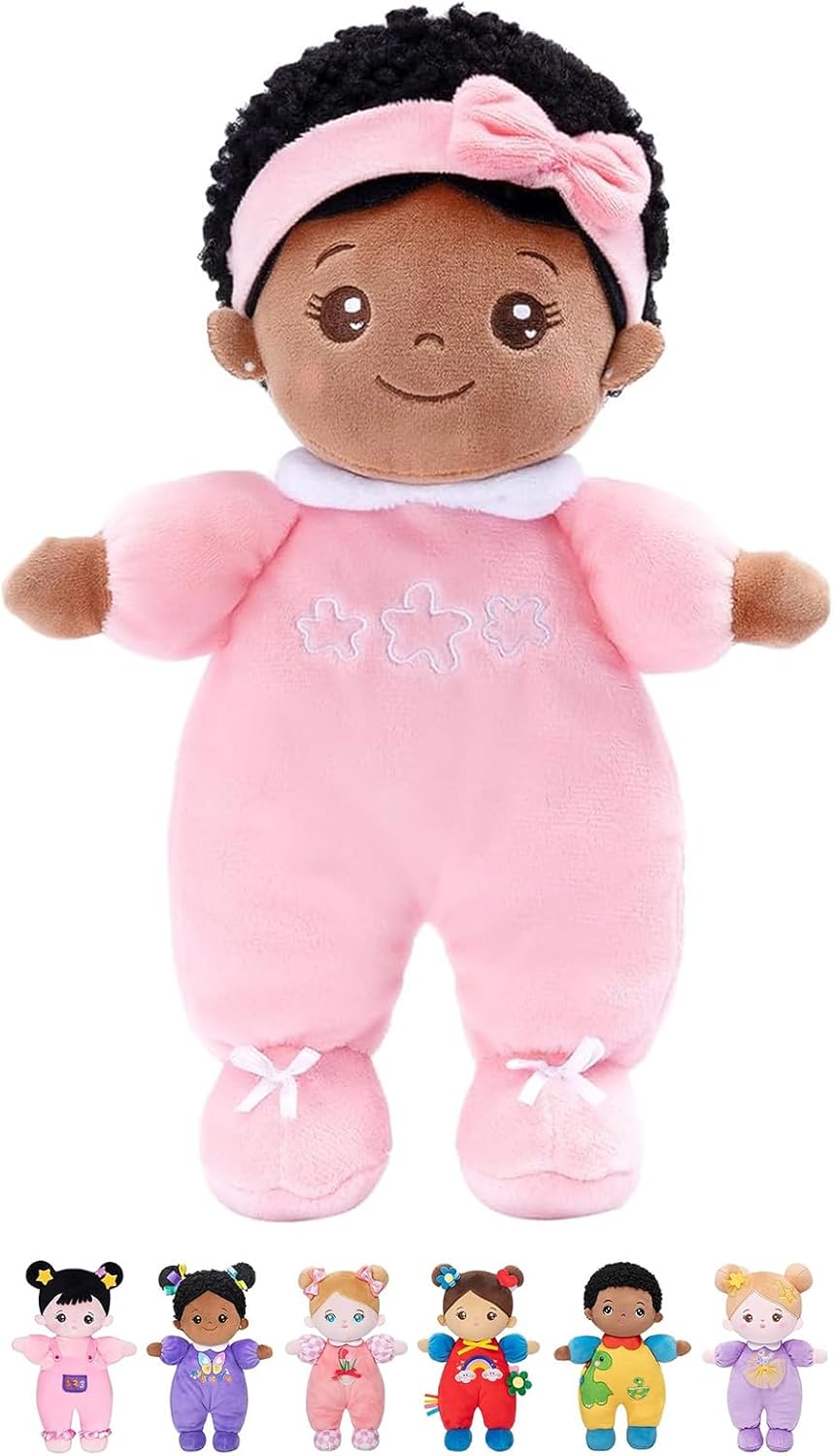 OUOZZZ 10" Soft Black African American Baby Doll for 1 Year Old Toddler Girls - Plush First Doll Birthday Gift Safe Cuddly Friend