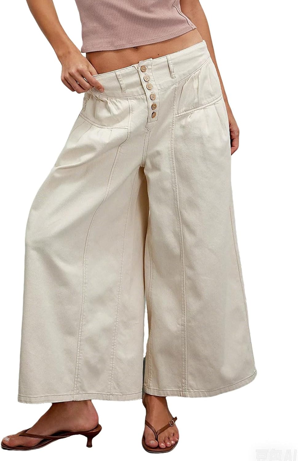 CHARTOU Women Flare Wide Leg Jeans Baggy Cropped Mid Rise Jeans Pleated Ruffle Denim Pants with Pockets - Image 2