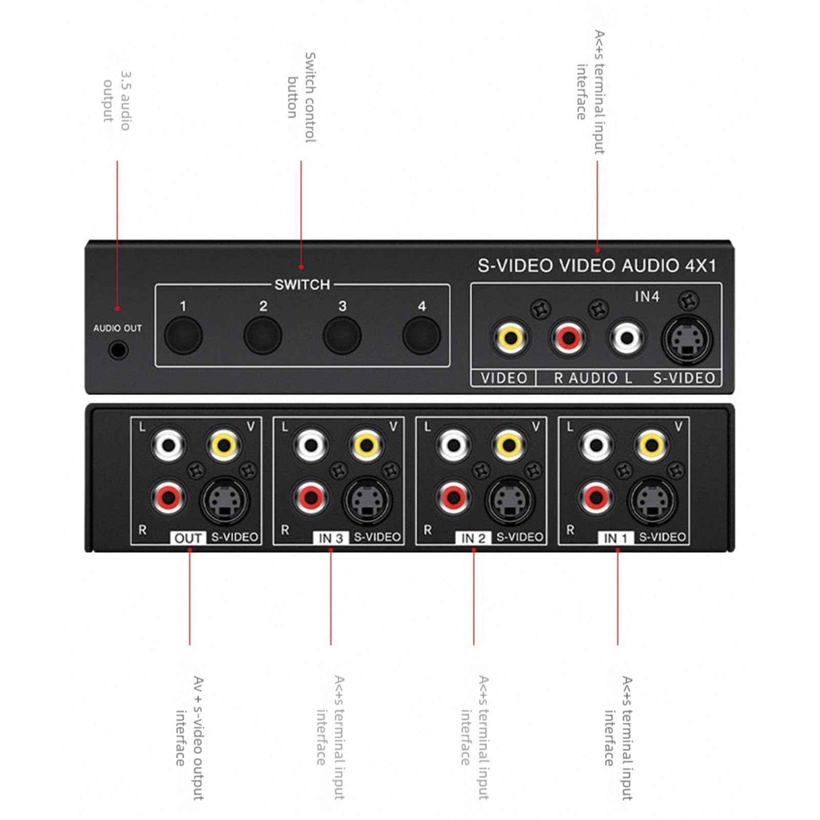 Commutateur S-Vidéo 4x1 avec sortie sonore de 3,5 mm Boîtier métallique Commutateur de remplacement 4 en 1 Out 720P Home Cinéma Changement