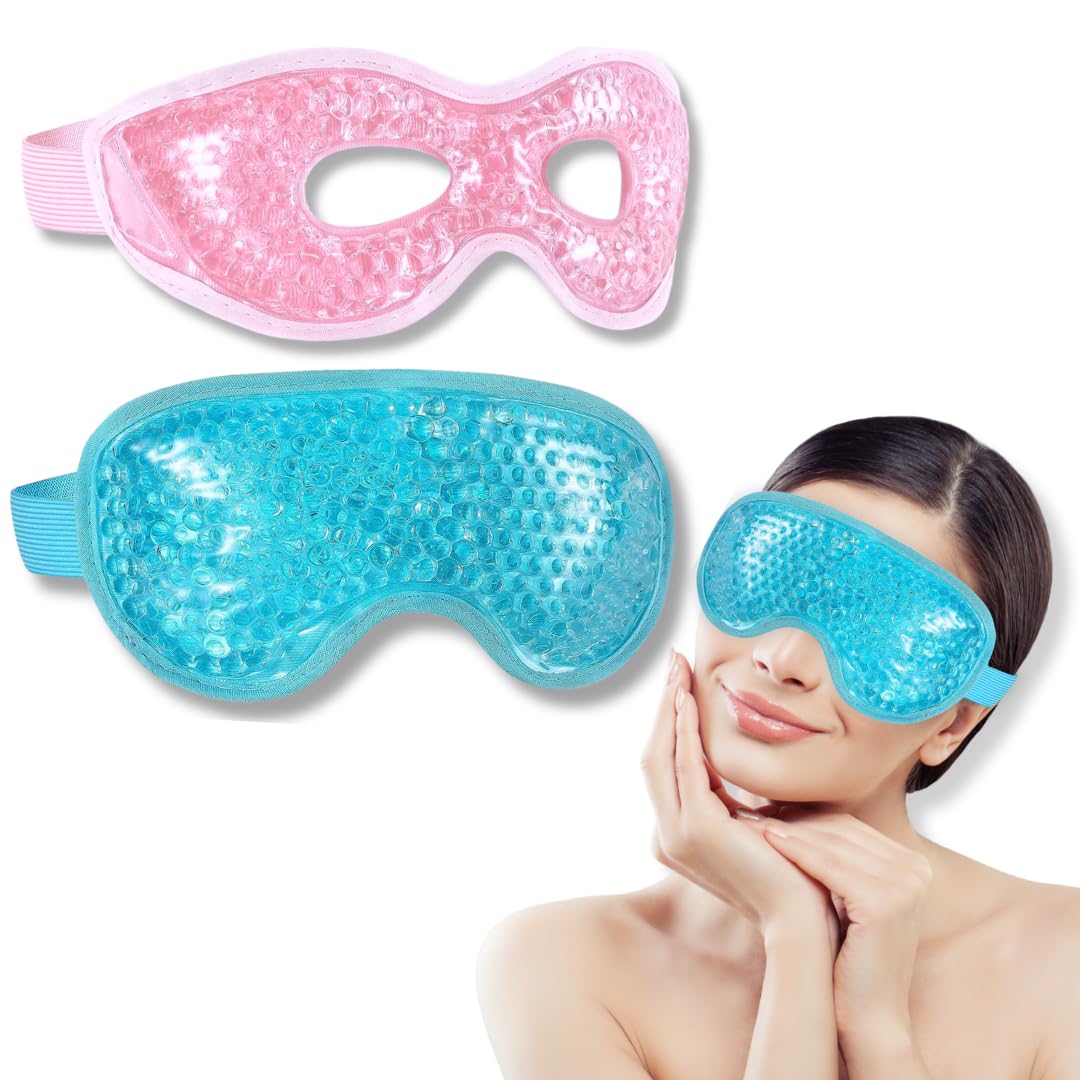 2 Máscaras de ojos refrescante de gel, frio y caliente, almohadillas de enfriamiento para los ojos, migrañas, dolores de cabeza, alergias, ojos hinchados, ojos secos - Colores azul y rosa