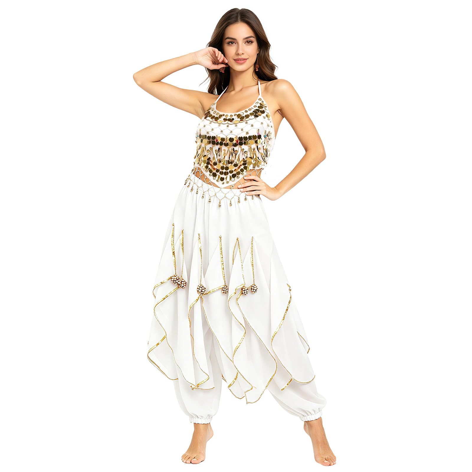 Baisdan 2 Piece Belly Dance Costume Set, Sequin Crop Top Harem Pants Set for Arabian Indian Halloween Carnival Dance Performance White
