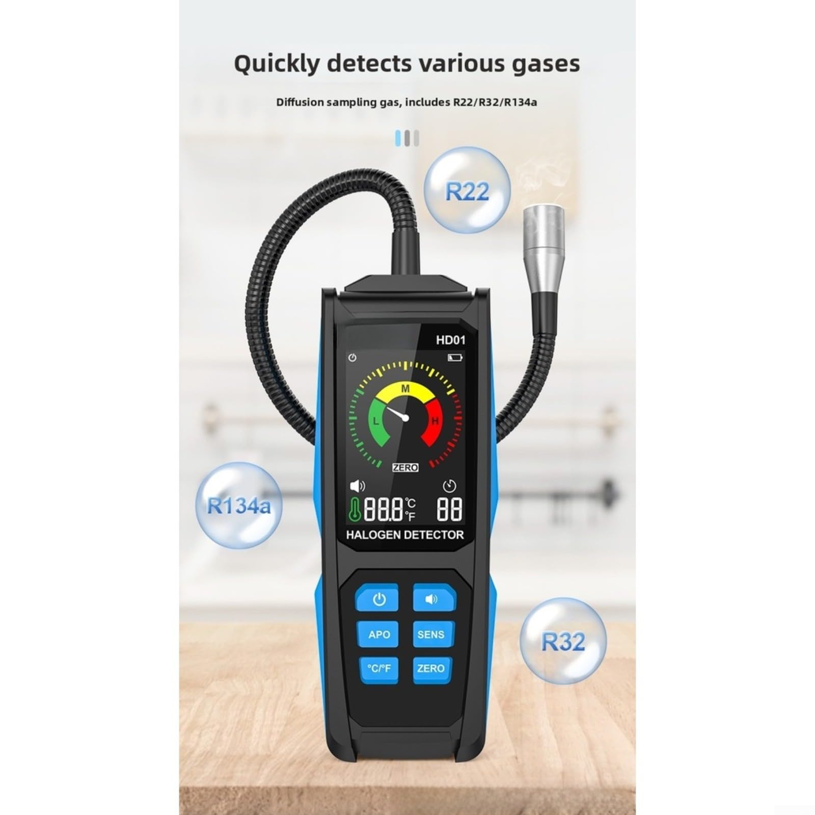 Rilevatore di perdite di gas multifunzione per R22 R32 R134a, display digitale alogeno Sniffer con tubo da 270 mm, allarme acustico e lettore di temperatura per HVAC