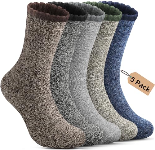 Annsuki 5 Pack Mens Merino Wool Socks for Winter Warm Thermal Socks Thick Hiking Sock for Camping Running Hunting Cozy for Man Multi Colors (US Size 7-13)