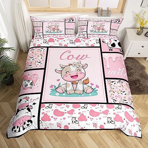 Cute Cow Print Bedding Set King Size Kawaii Highland Cow Duvet Cover for Boys Girls Lovely Farmhouse Animal Decor Comforter Cover Pink Milk Cow Print Bedding Geometry Plaid Stripe Bedspread