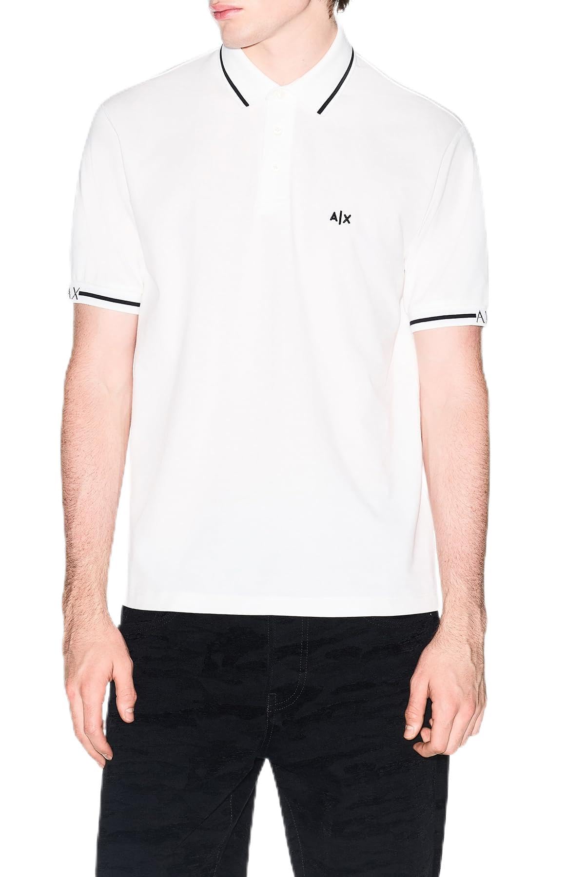 Armani Exchange Men's 3D Embroidered Logo Sleeves Logo Bicolour Collar Polo Shirt, Off White, L