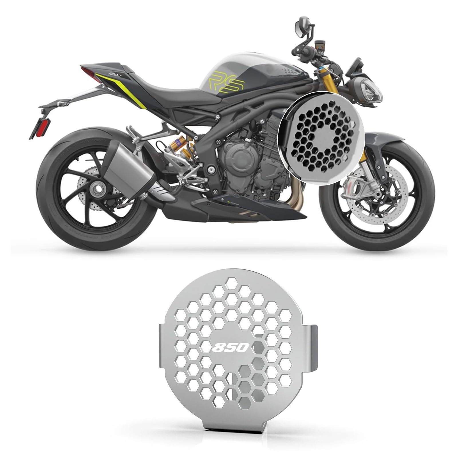 Suitable for Speed Twin Triple 1200 RS/RR Tiger900/1200/GT Bonneville T100/T120 Thruxton Scrambler 2025 motorcycle horn cover/speaker cover protection. (Silver,logo：850)