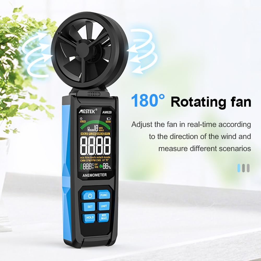 Tragbares, hochpräzises Anemometer mit doppelt gelagertem 8-Blatt-Lüfter – digitales Luftstrommessgerät mit LCD-Farbdisplay mit Hintergrundbeleuchtung für Windgeschwindigkeit,