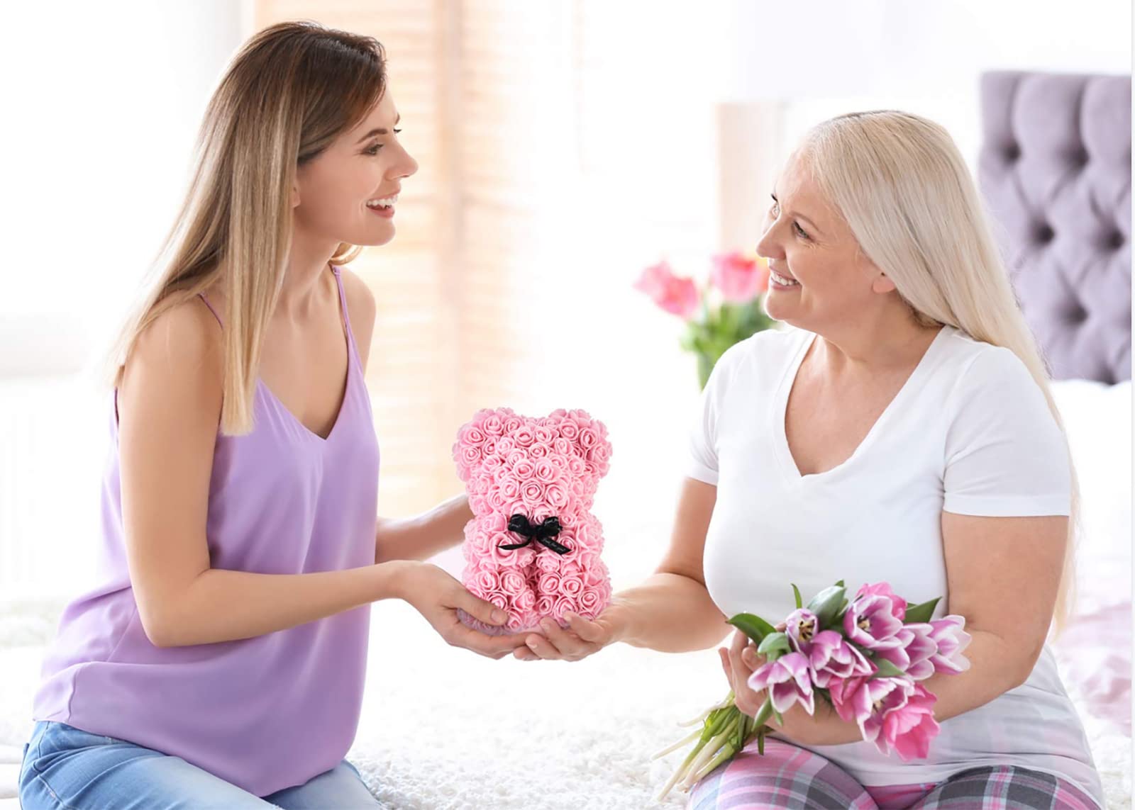 Orsetto Rosa Fiore Regalo Donna, Regali di San Valentino, Orso Rosa Regali per Lei, Rose Teddy Bear con luci, Regali di compleanno per Ragazza con Confezione Regalo Trasparente e Biglietto d'amore