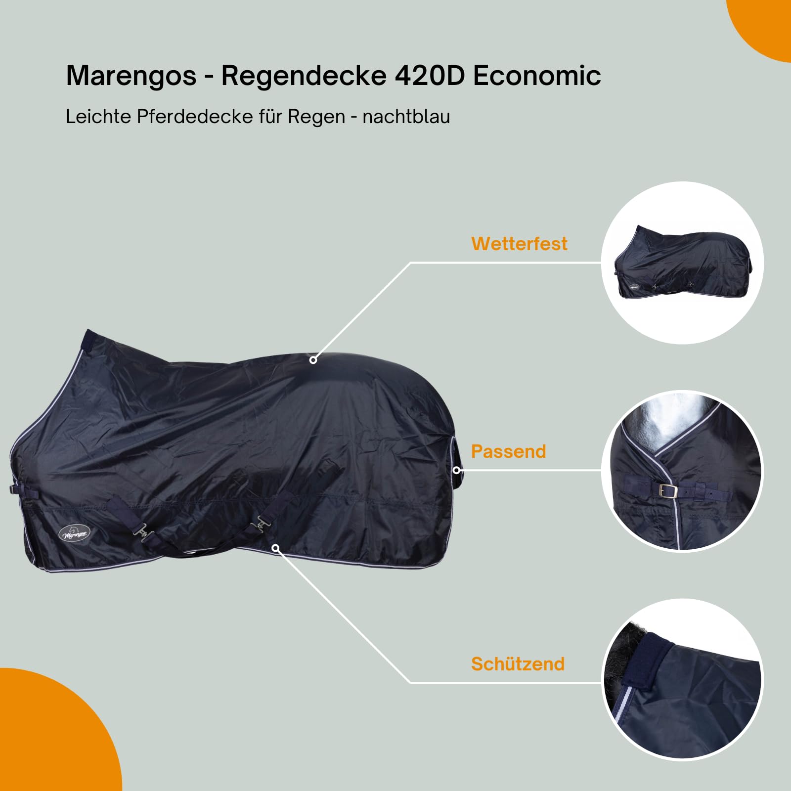 Marengos - Regendecke 420D Economic – leichte Pferdedecke für Regen – atmungsaktiv & wasserdicht – Weidedecke mit Kreuzgurten – Outdoordecke für Pferde – 155 cm in Nachtblau | Leichte Pferdedecke für Regen – atmungsaktiv & wasserdicht – Weidedecke mit Kre