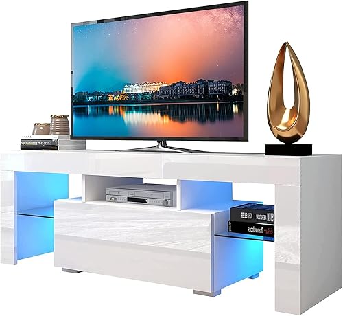 Binrrio Soporte de TV blanco con luz, centro de entretenimiento con cajón de almacenamiento para TV de 55 pulgadas, soporte de TV de alto brillo,