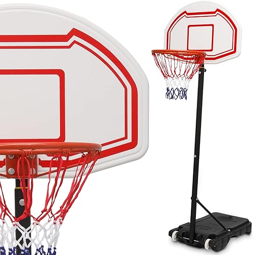 Magshion Aro de baloncesto portátil de altura ajustable de 5 a 7 pies, tablero blanco de 19 pulgadas con ruedas, base rellenable para adolescentes,