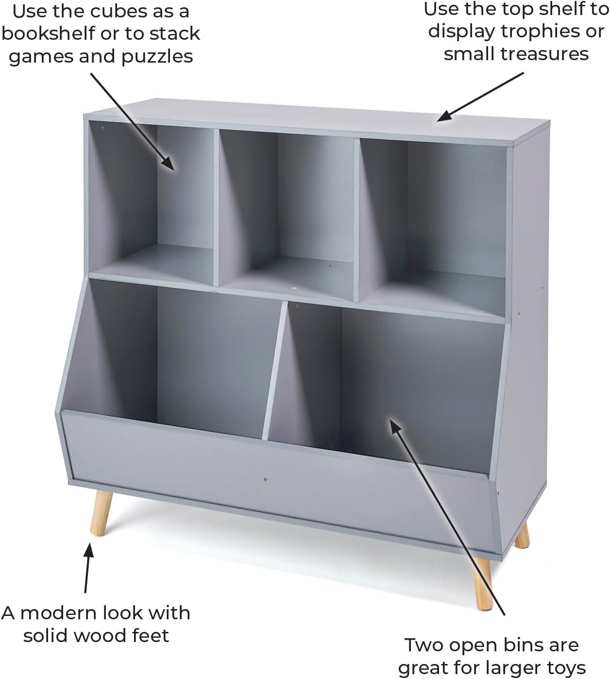 Gray Wooden 5-Bin Kids Toy Storage Organizer with Feet