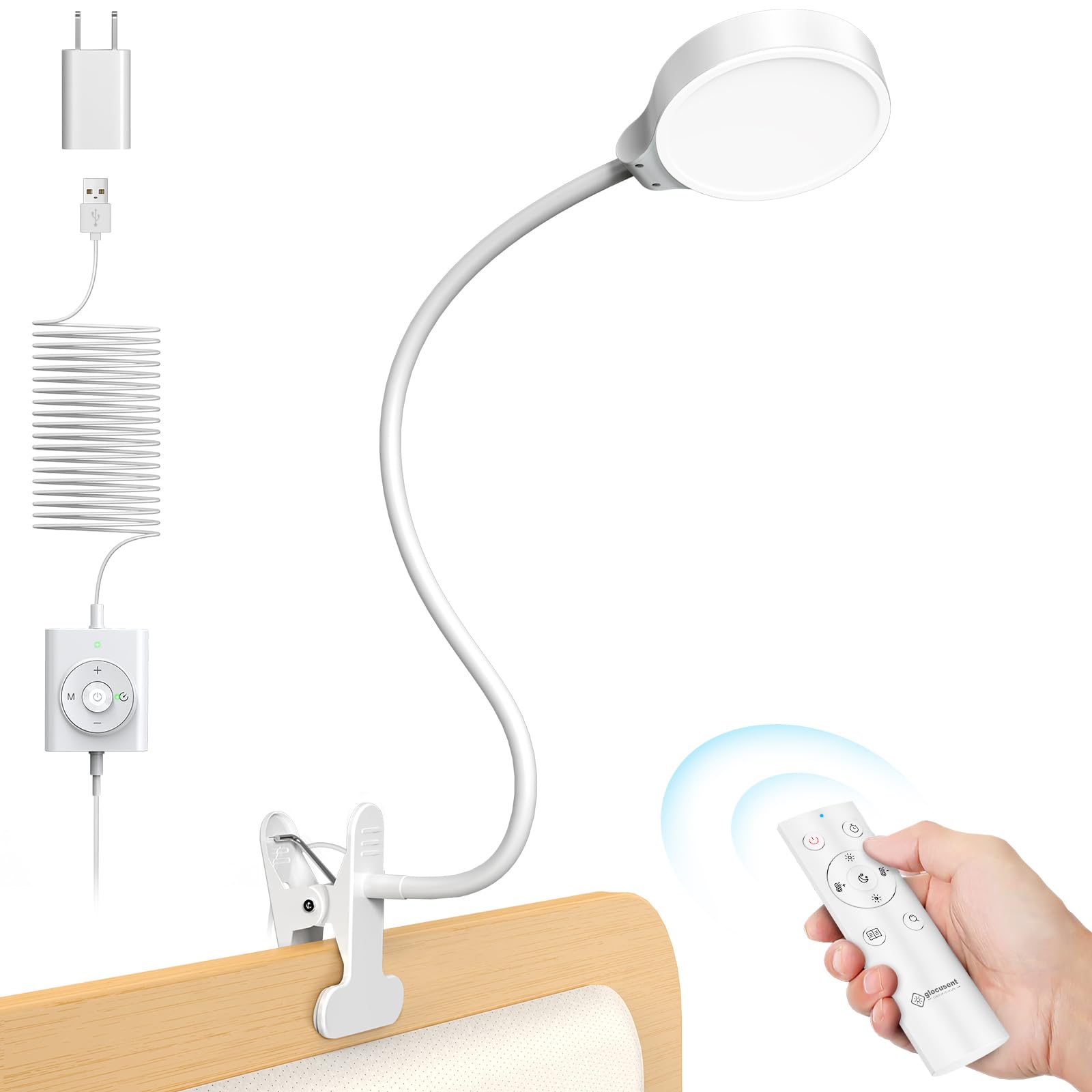 Glocusent 5W Clip on Light, 36 LED Eye Caring Reading Light for Bed 3 Colors & 5 Brightness Clip on Lamp with Adapter