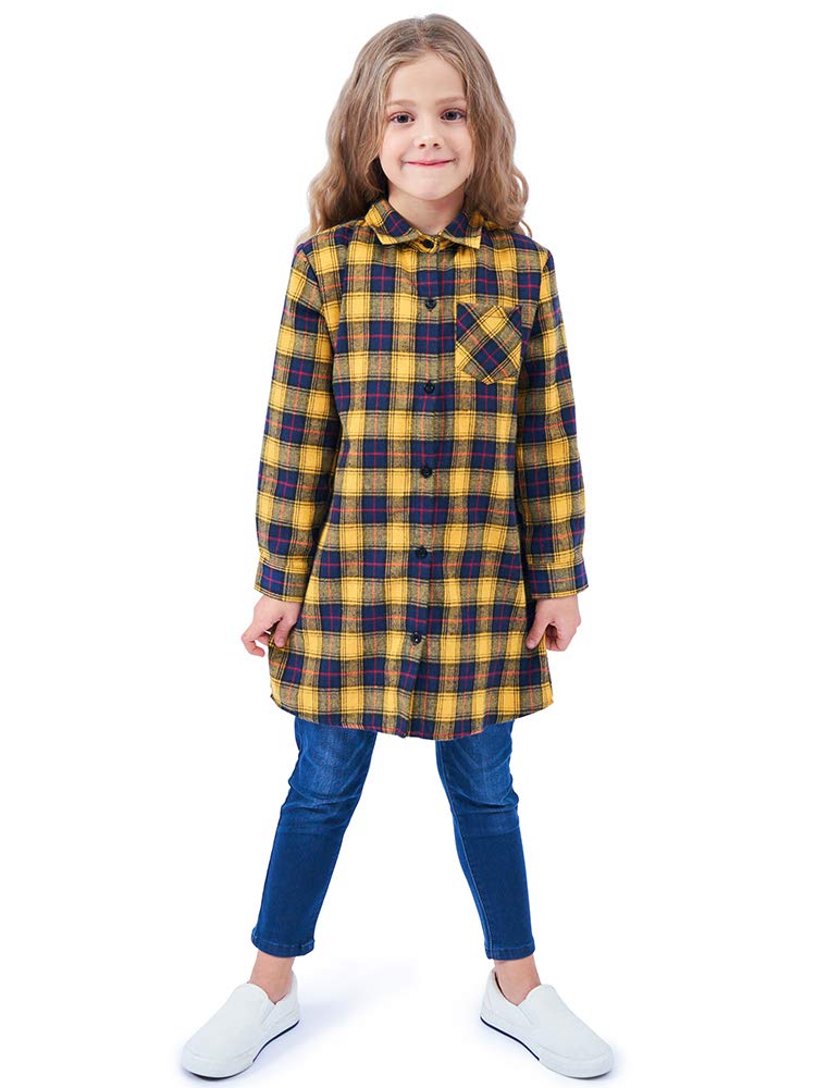 OCHENTA Girls Plaid Flannel Shirts Long Sleeve Button Down Shirt Dress