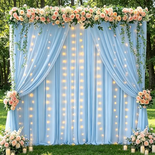 10x10ft Baby Blue Backdrop Curtains with Lights String for Parties,2 Panels by Wish Care - Used condition - US$22.69