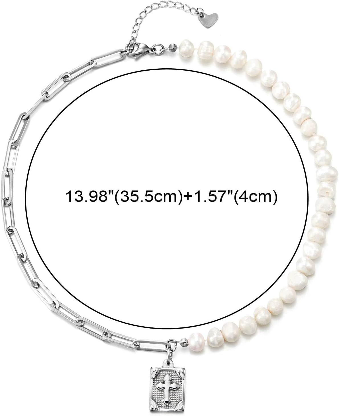Women’s Pearl Bead and Steel Paperclip Chain Necklace with Cross Charm, Two-Tone Layered Choker Pendant Design