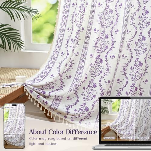 Image of Yinhua Boho Curtains for Living Room 84 Inch Length Vintage Linen Curtains for Bedroom Light Filtering Window Curtain Rod Pocket & Back Tabs Rustic Tassel Drapes with Tiebacks, White Purple