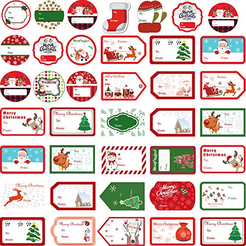 300pcs Christmas Wrap Tags Gift Tag Stickers, Gift Name Tags Stickers for Christmas Presents, to from Christmas Labels â€“ Santa, Deer, Xmas Tree, Merry Christmas Self Adhesive Gift Labels Stickers