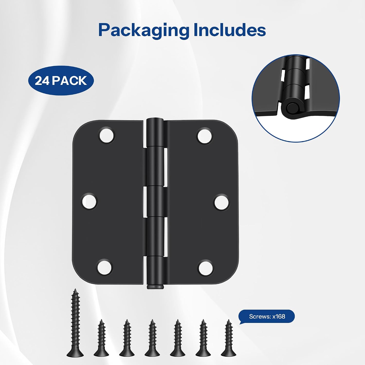 24 Pack Rounded Door Hinges 3.5 Inch with 5/8 Inch Radius for Interior and Exterior Door, 3 1/2 Inch Residential Heavy Duty Door Hardware for Office Home, Matte Black
