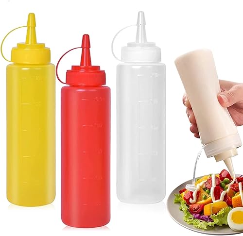 Miniatura 1 de Botellas de salsas para condimentos  (3 unidades, 13.5 onzas), con tapa a prueba de fugas y línea de escamas. Botellas de plástico para chetetch,