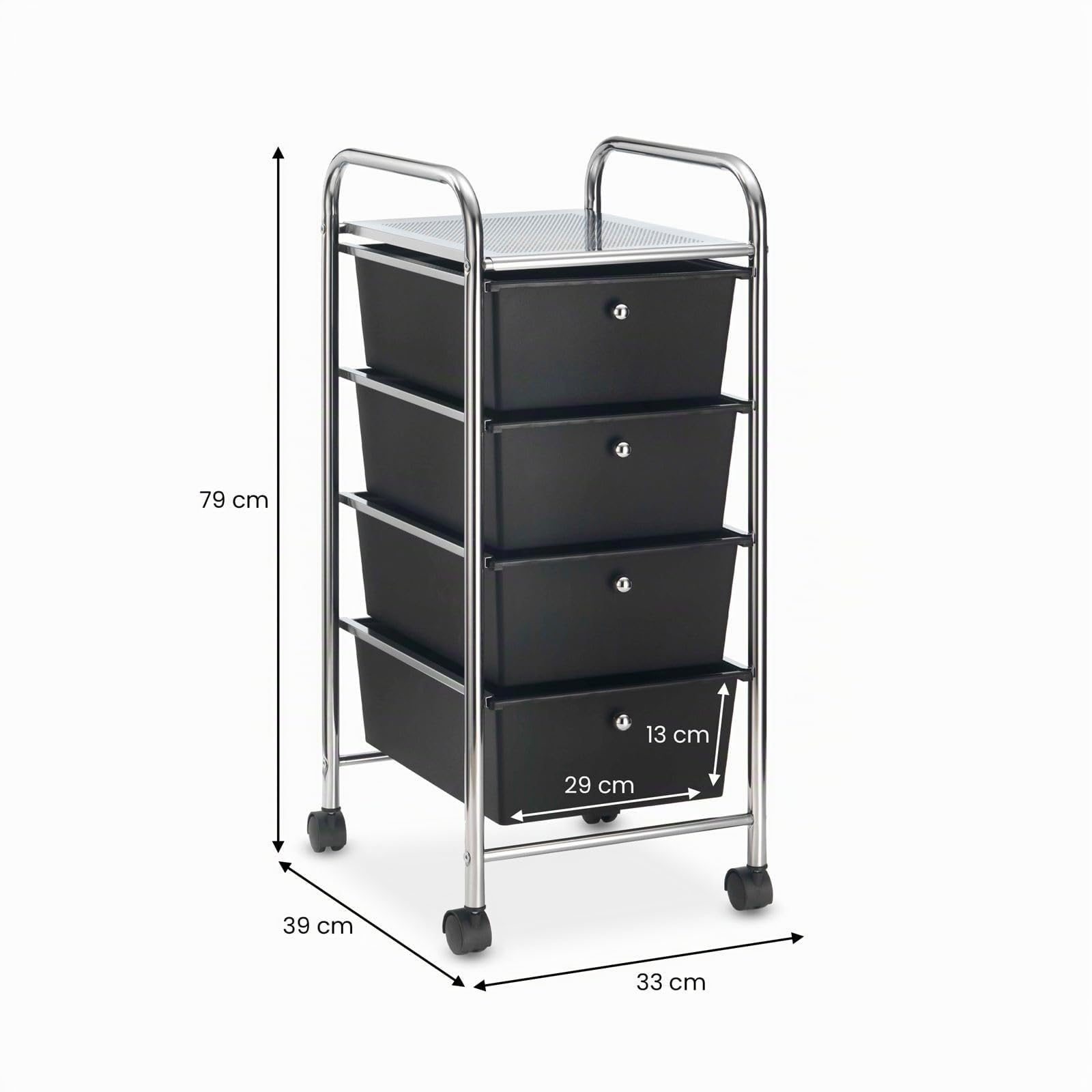 IDIMEX Badregal Rollwagen Rollcontainer GINA, mit 4 schwarzen Schubladen und Metallgestell in Chrom