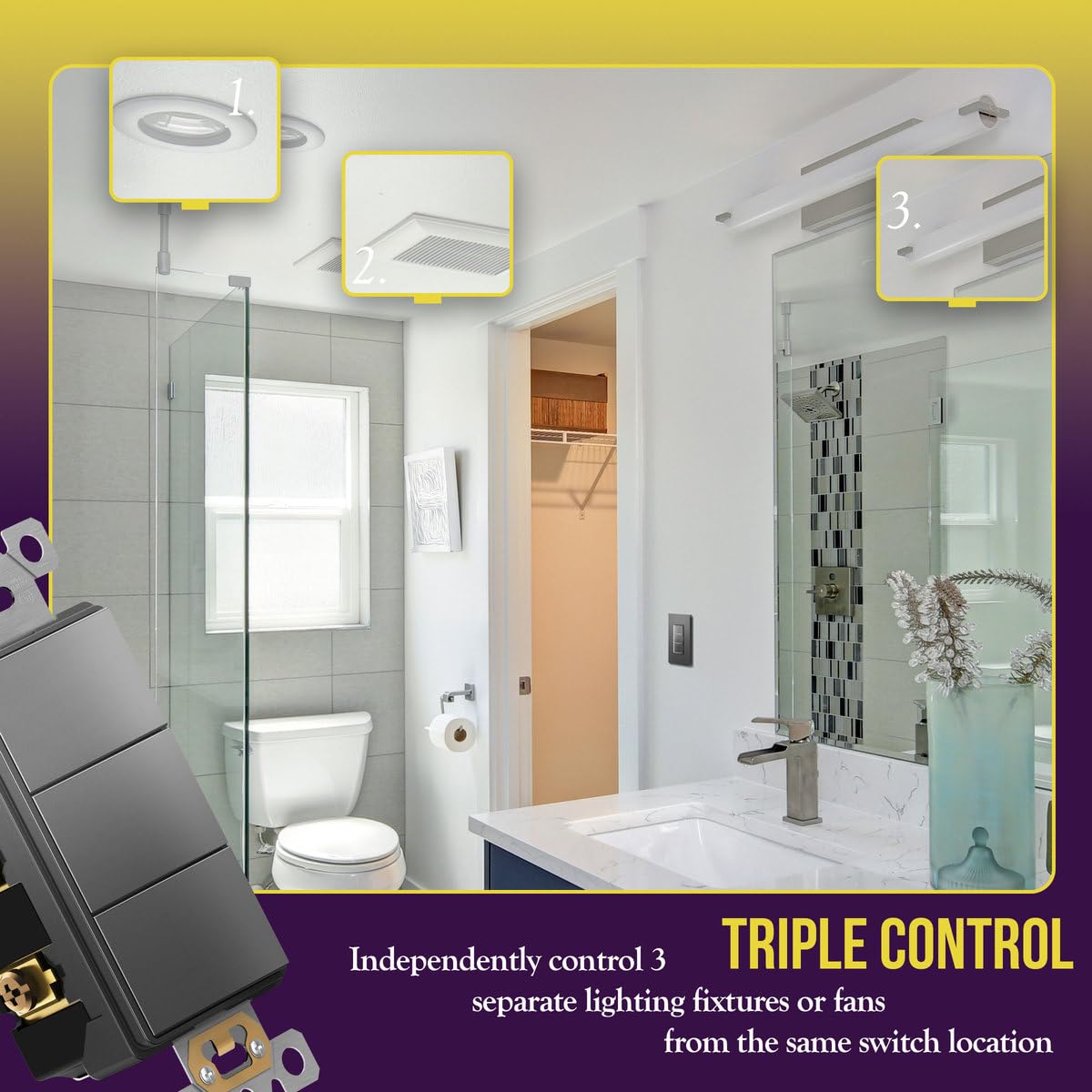 ENERLITES Elite Series Triple Decorator Screwless Wall Plate, Combination Paddle Switch, Ground Terminal, Single Pole - Image 2