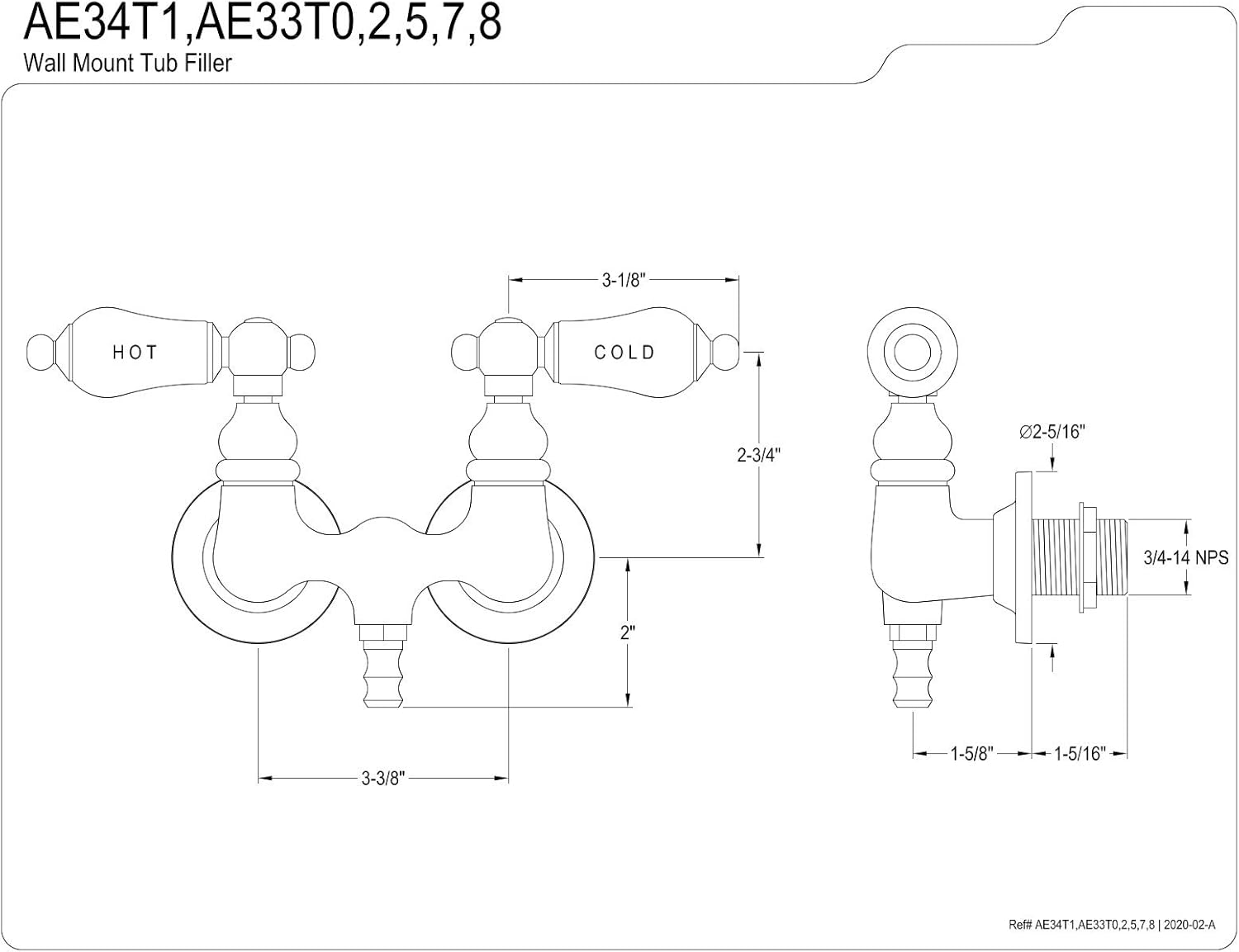 Kingston Brass AE33T8 Aqua Vintage 3-3/8 Inch Wall Mount Tub Faucet, Brushed Nickel