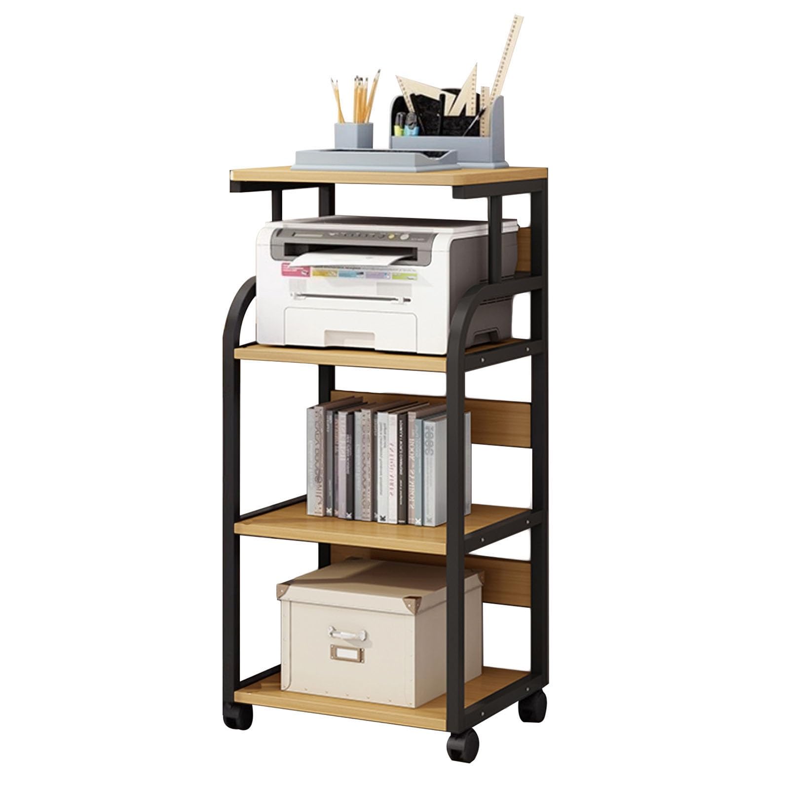 Druckerständer, 4-stufiger Home-Office-Schreibtisch-Organizer, bodenstehendes Lagerregal, Lagerregale aus Holztrennwänden for den Schreibtisch im Home-Office(Yellow)