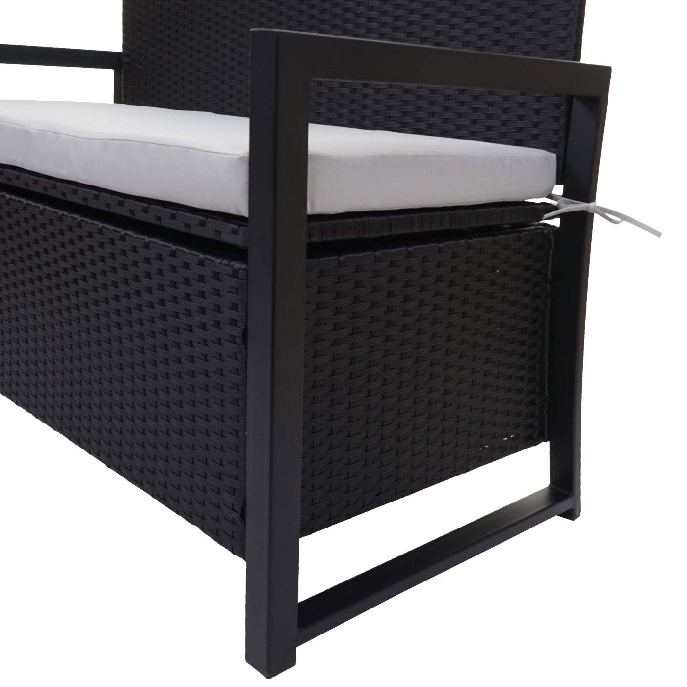 Mendler Banco de 2 plazas HWC-F39 de polirratán, banco de jardín, baúl, compartimento de almacenamiento, cojín de almacenamiento, color antracita, cojín gris