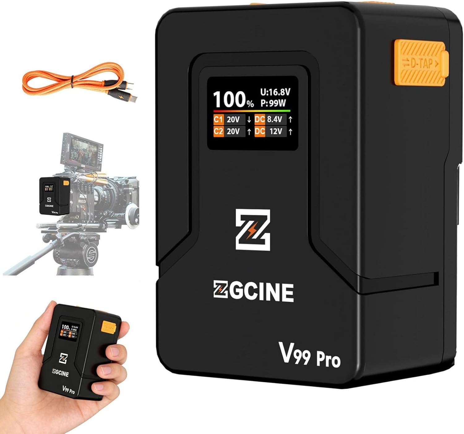 ZGCINE V Mount Battery V99 Pro, 14.8V 6400mAh 94.72Wh Mini V-Mount Battery with PD100W Fast Charging, D Tap/Dual USB C/BP/Dual DC Ports/OLED Screen for Camera, Camcorder, Phone, Monitor, Video Light