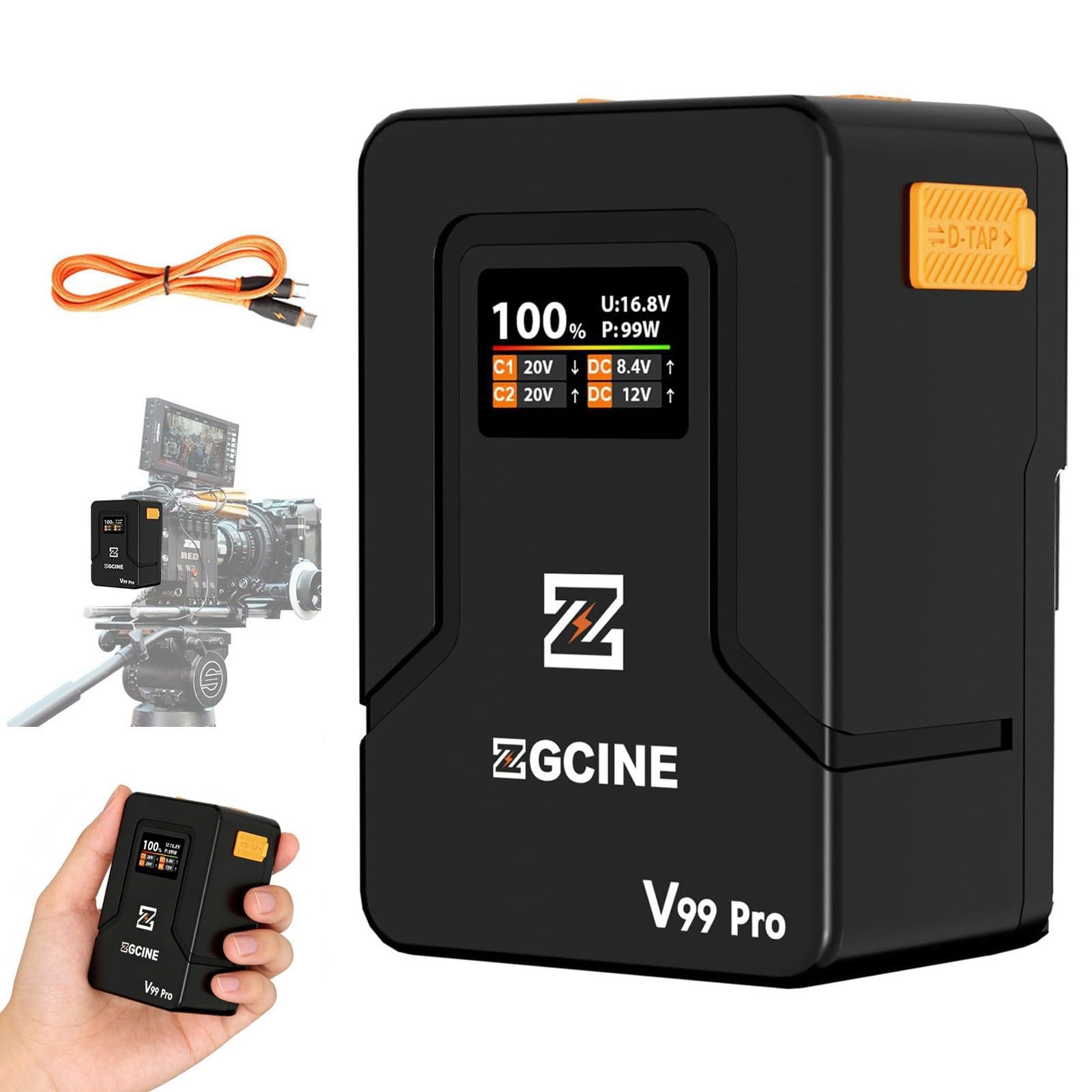 ZGCINE V Mount Battery V99 Pro,PD100W Fast Charging,6400mAh 94.72Wh 14.8V Mini V-Mount Battery,with D Tap/Dual USB C/BP/Dual DC Ports/OLED Screen,for Camera, Camcorder,Phone,Monitor,Video Light