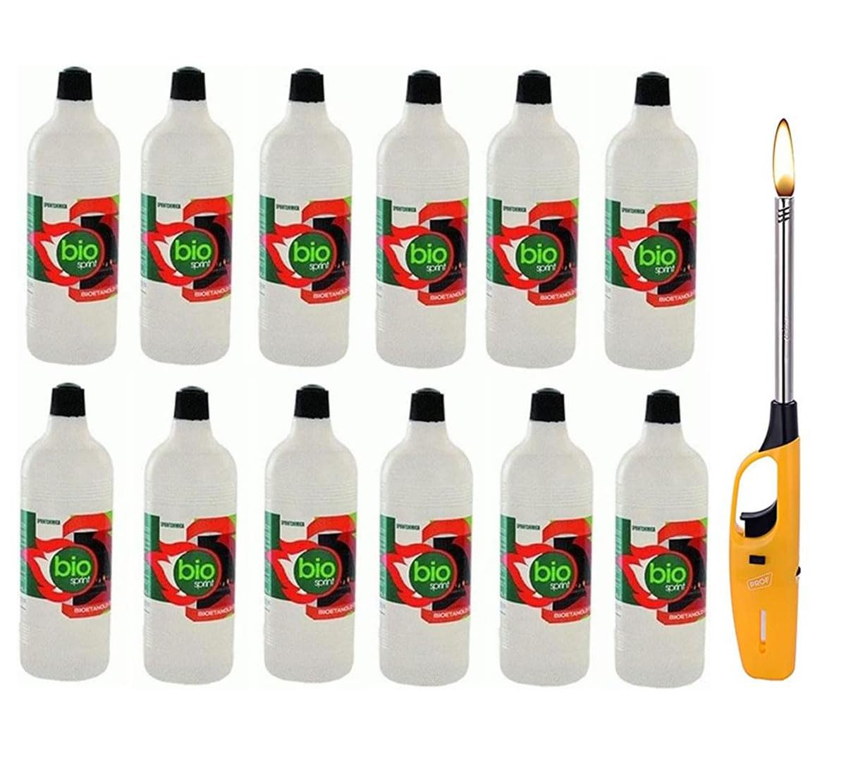 12X 1LT BIOETANOLO Sprint COMBUSTIBILE Liquido Ecologico Naturale INODORE Camino + Accendino Omaggio