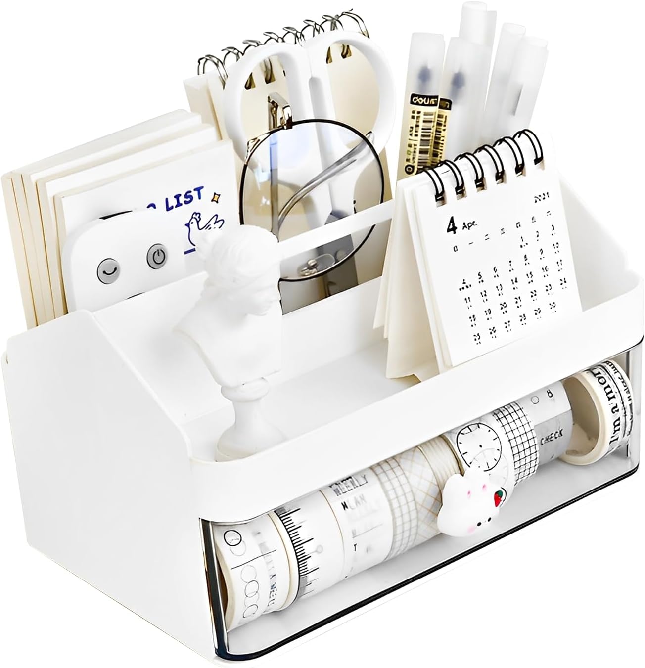 Marte Vanci Desk Organizer with Drawer, Desktop Tidy Caddy, Cute Desktop Stationery Organizer, Plastic Makeup Storage Box, Multifunctional Desk Accessories for Home Office Crafts White
