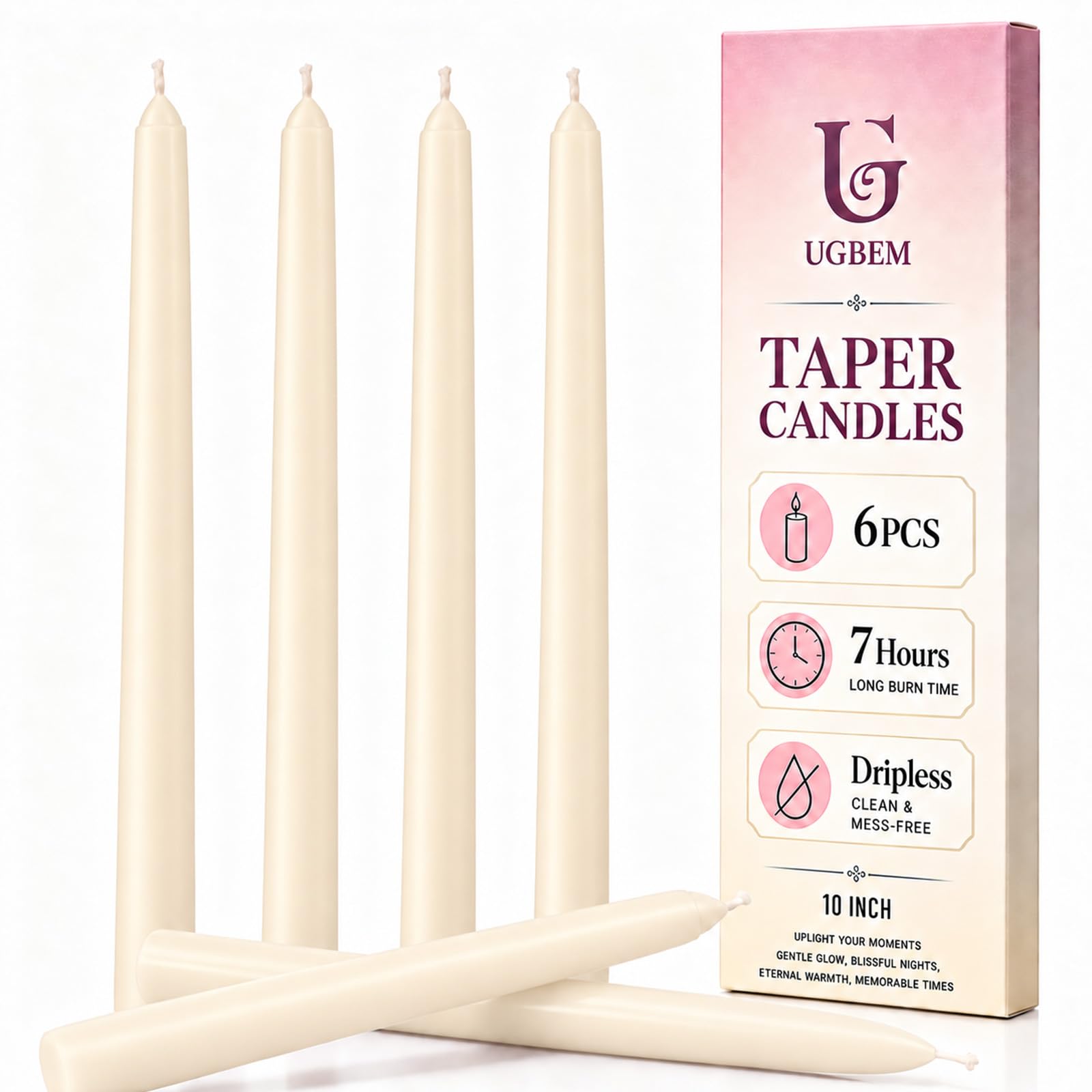 6 Pack Tapered Dinner Candles, Ivory Table Candles, 10 Inch