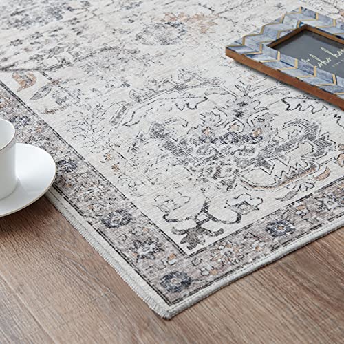 Jinchan Area Rug 6X9 Vintage Rug Indoor Flodable Thin Rug Gray Retro Accent Rug Distressed Carpet Grey Multi Floral Print Country Boho Rug Non Slip Kitchen Bedroom Living Room Dining Room Office #TOP22