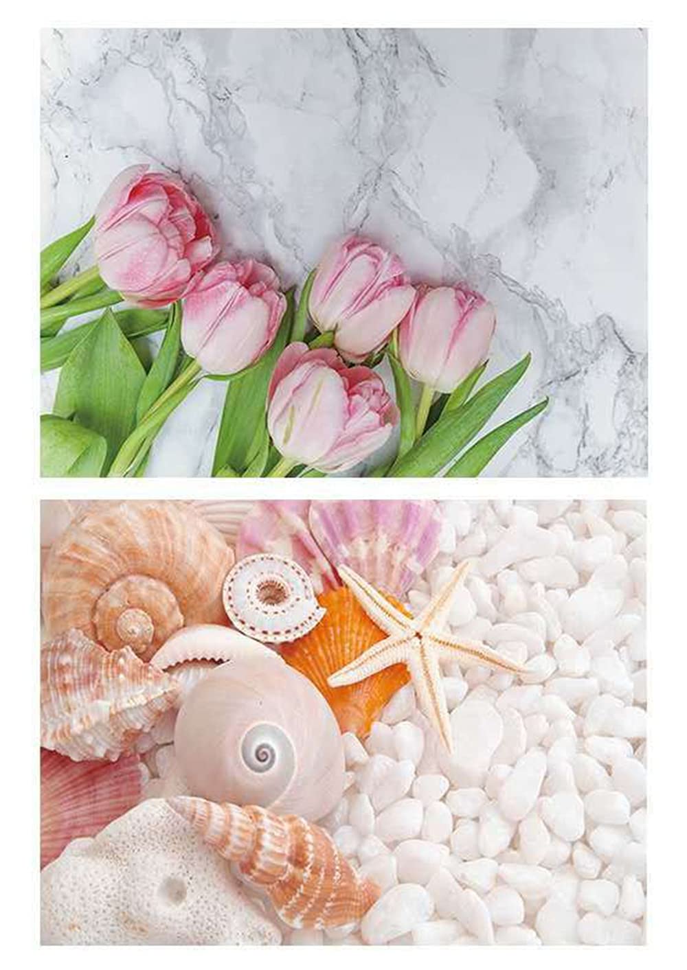 SAVIAURA1 Sheet 2 in 1 Photography Backdrop 3D Flat Lay Tabletop Double-Sided 22x16 Photo Background PVC Wrinkle-Free for Small Products Food (#33-Shells Marbles & Flowers)