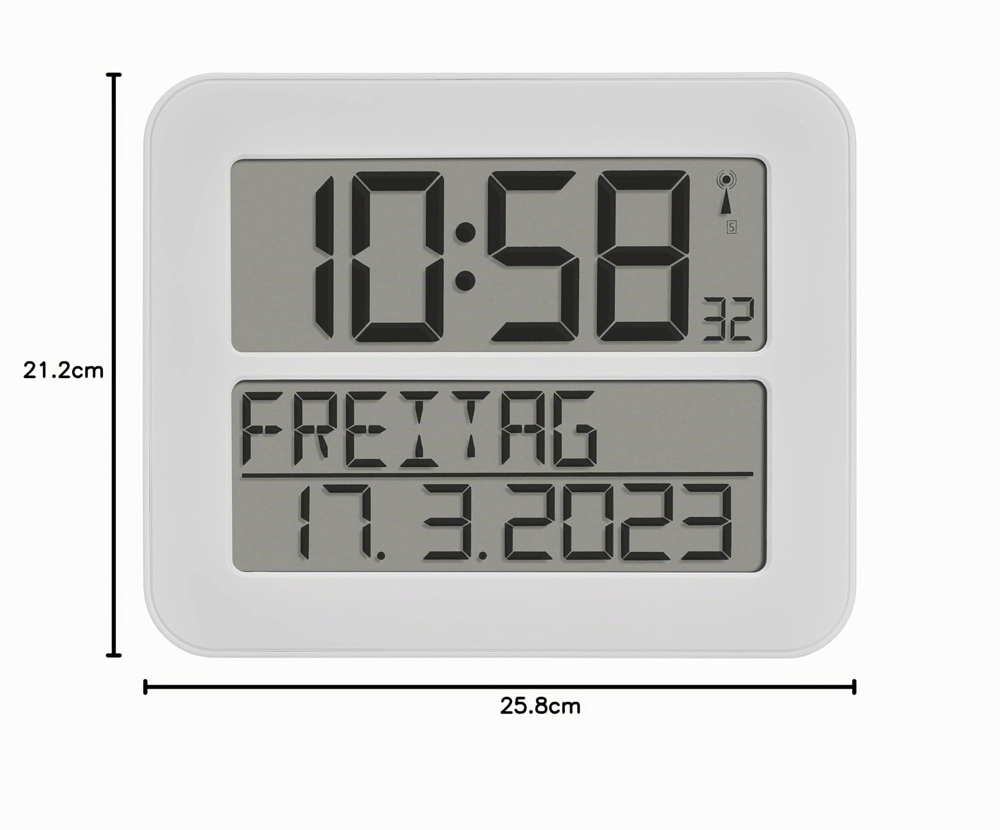 TFA Dostmann orologio digitale da parete TIMELINE MAX, radiocontrollato, 60.4512.02, per un facile orientamento dell'ora, adatto agli anziani, con giorno della settimana (anche in italiano), bianco