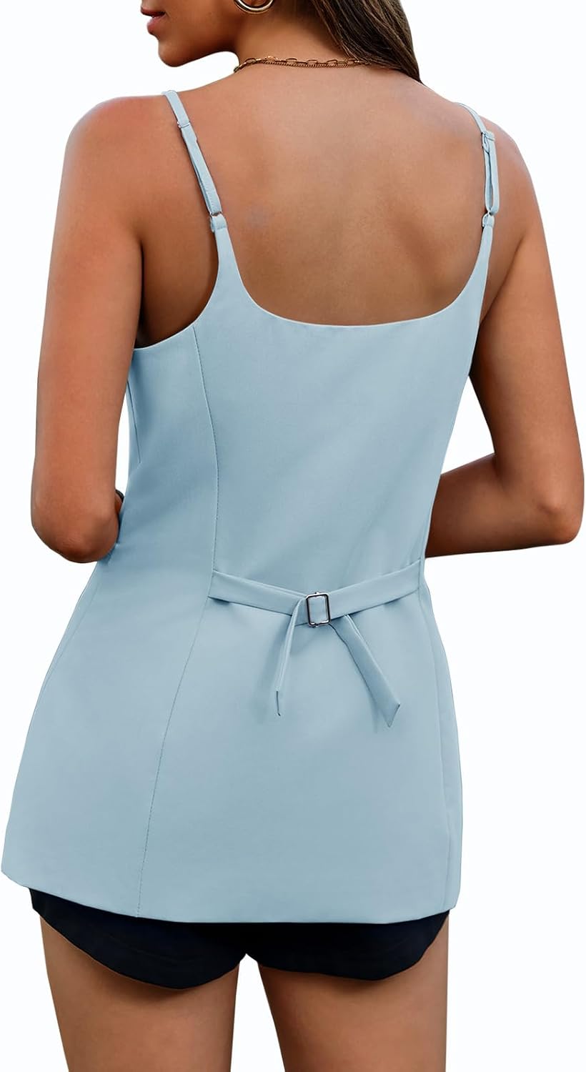Yousify Womens Spaghetti Strap Tank Top Summer Blazer Vest Button Down Business Cami Square Neck Sexy Camisole Dressy Casual